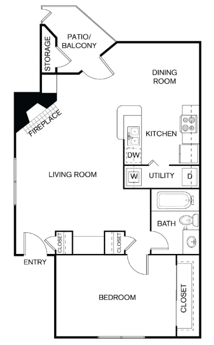 A floor plan of a house with a living room, dining room, kitchen, and bedroom.